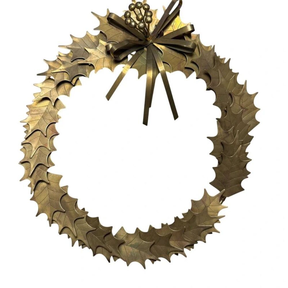 Vintage 3D Brass Holly Christmas Wreath with Bow – 12" MCM Holiday Decor (As-Is)